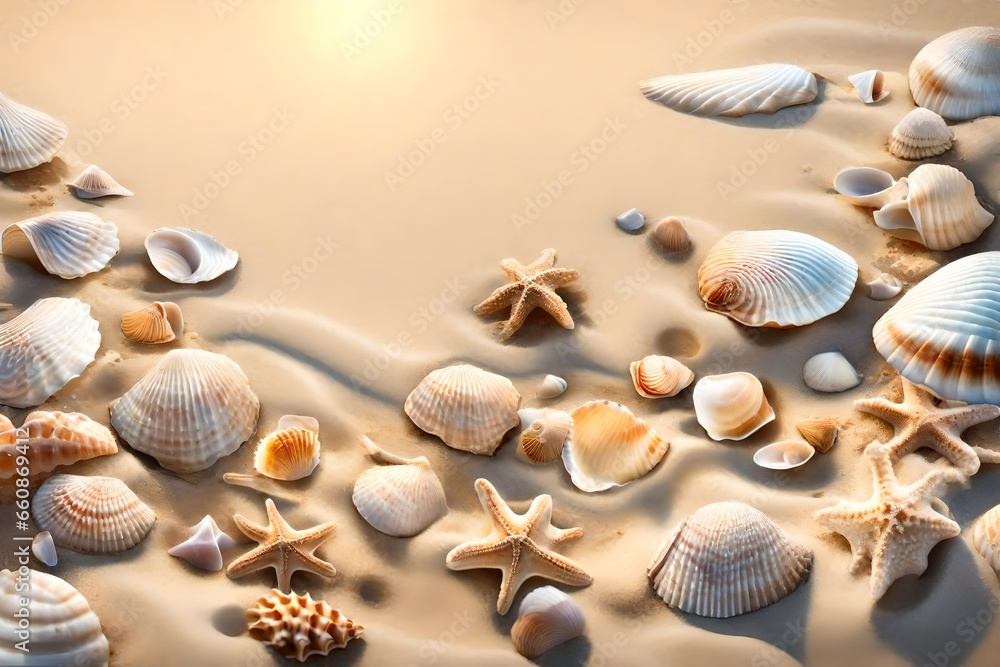 A tranquil beach scene with gentle waves lapping the shore and seashells scattered in the sand. A tranquil beach scene with gentle waves lapping the shore and seashells scattered in the sand.