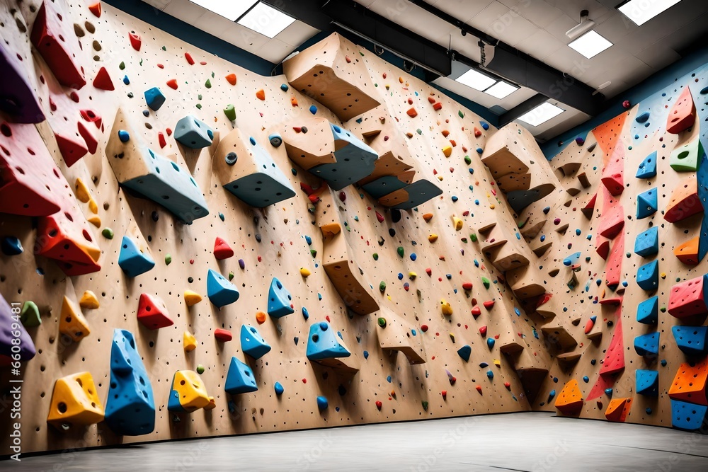 A gym's indoor climbing wall with colorful holds.