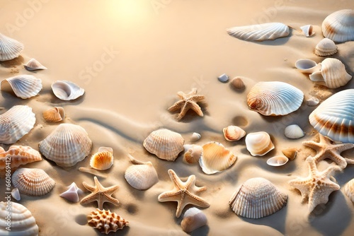 A tranquil beach scene with gentle waves lapping the shore and seashells scattered in the sand.