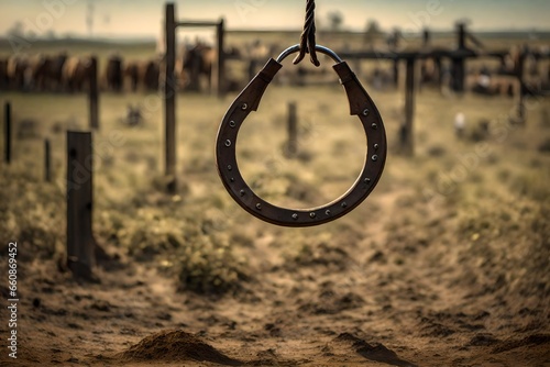 A horseshoe hanging in the air just before landing on the stake.