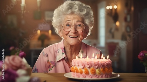 old funny grandmother in stylish pink clothes celebrating her anniversary alone.