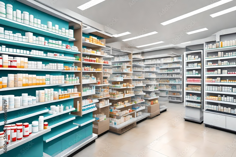 A modern pharmacy with rows of shelves stocked with various medicines and healthcare products.