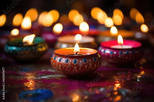 Festive Diwali festival design. Burning candles. Indian style.