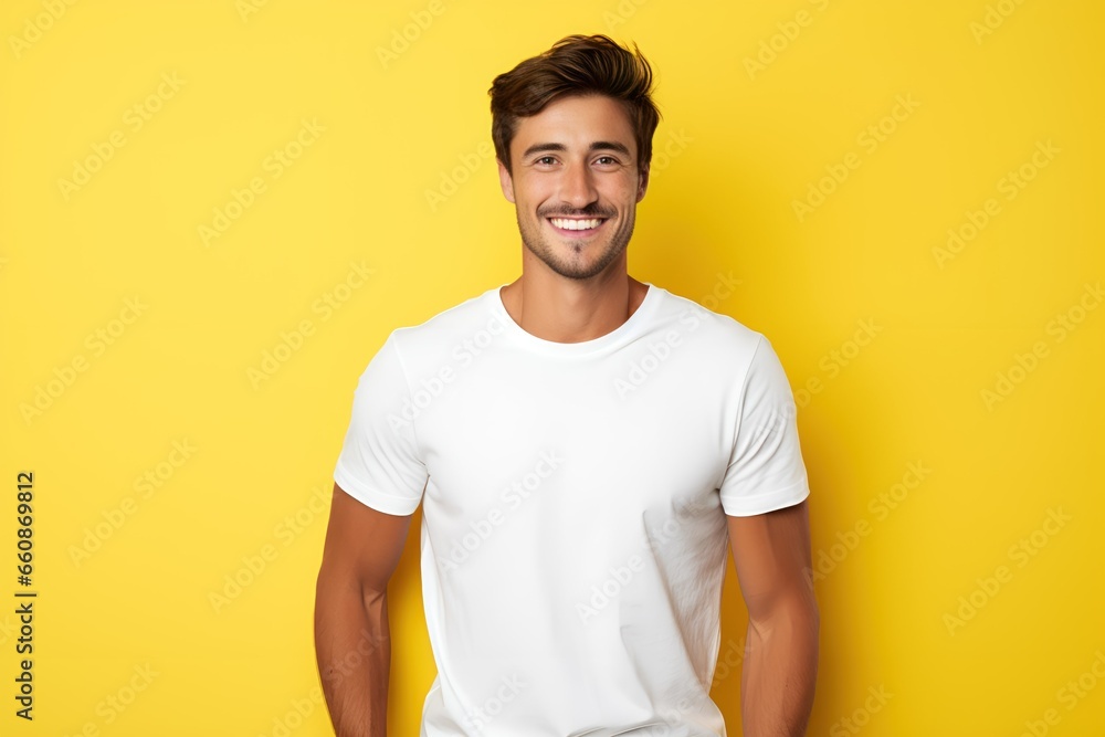 Handsome male model posing on a colored background in casual clothing. Generative AI. Handsome male model posing on a colored background in casual clothing. Generative AI.