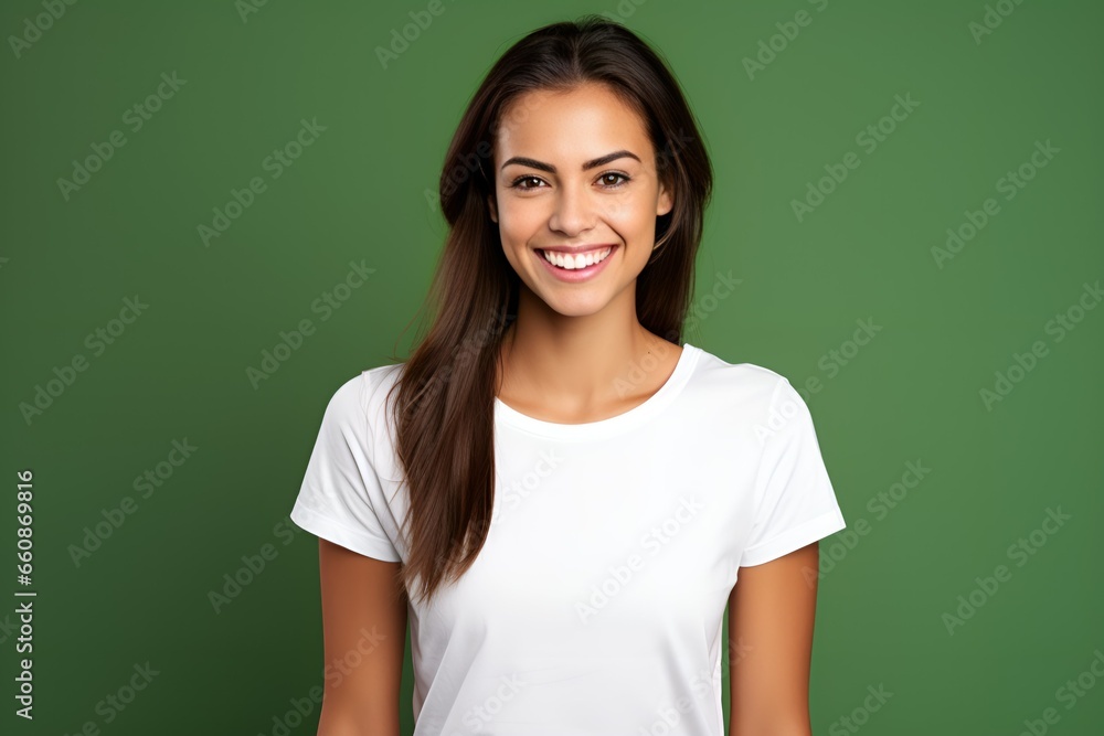 Portrait of a beautiful fictional young white woman with a pretty smile isolated on a plain background. Generative AI. Portrait of a beautiful fictional young white woman with a pretty smile isolated on a plain background. Generative AI.
