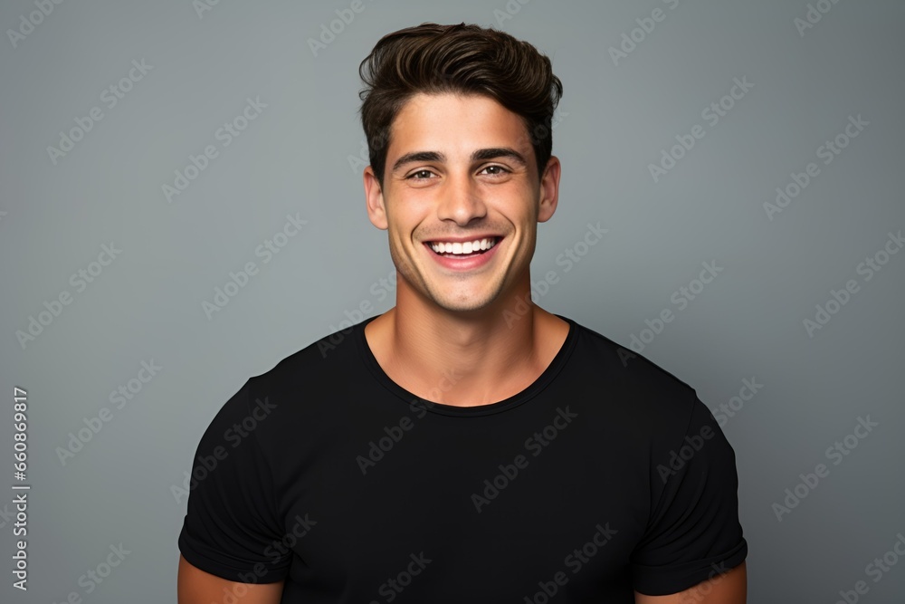 Handsome male model posing on a colored background in casual clothing. Generative AI. Handsome male model posing on a colored background in casual clothing. Generative AI.