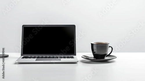 cup of coffee on work desk with laptop, Business and finance concept. Workplace