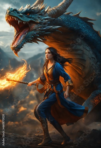 Beautiful sorceress girl running away from dragon, fantasy, high detail, realistic photo , high detail, digital painting, cinematic, stunning, hyperrealistic, sharp focus, high resolution 8k, insanely