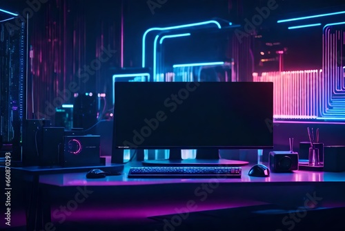 A sleek and futuristic desk setup with a computer monitor and high-tech accessories.