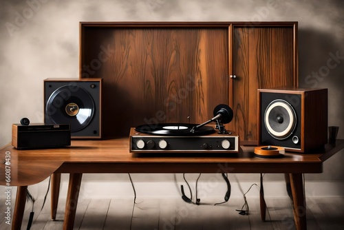A vintage record player on a retro media console with vinyl records and classic speakers.