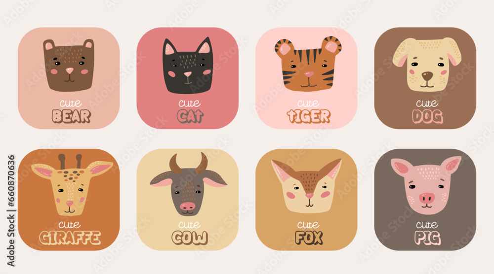 Cute animals set with names, cat, bear, giraffe, tiger, dog, fox, pig, cow Cute animals set with names, cat, bear, giraffe, tiger, dog, fox, pig, cow
