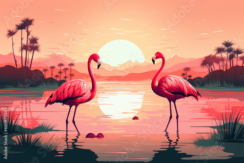 vector illustration of flamingo view on the lake