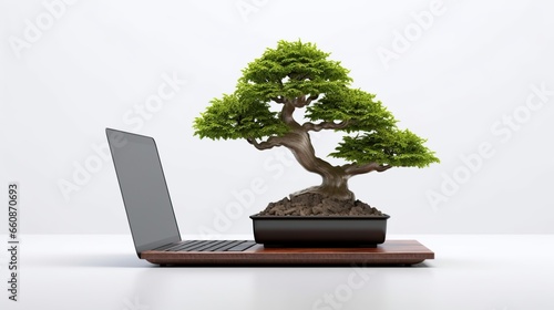 bonsai tree on a work desk with a laptop nearby, for hobby and refreshment