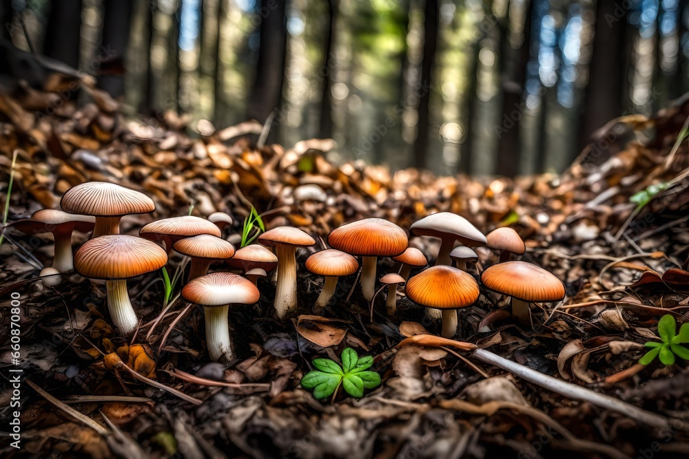 A patch of wild mushrooms sprouting from the forest floor, with various shapes and colors. A patch of wild mushrooms sprouting from the forest floor, with various shapes and colors.