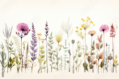 Modèle aquarelle sans couture avec fleurs sauvages éthérées, feuilles. Plantes sauvages, fleurs, branches. fond floral naturel. IA générative, IA