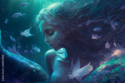 gorgeous fantasy mermaid swimming at night near the shore of a bioluminescent algae ocean shimmering ocean water with a beautiful mermaid playing in the glowing water creative jeweled magical 