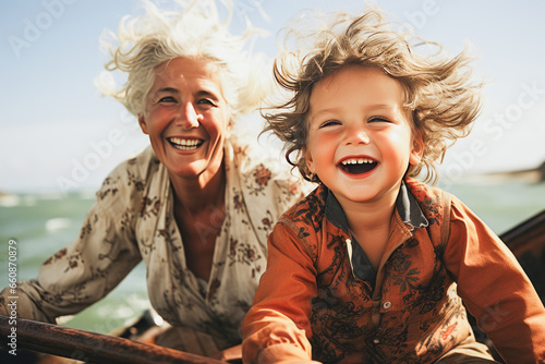 Charming depiction of a grandparent and child sharing a joyful summer sailing experience on the ocean. photo