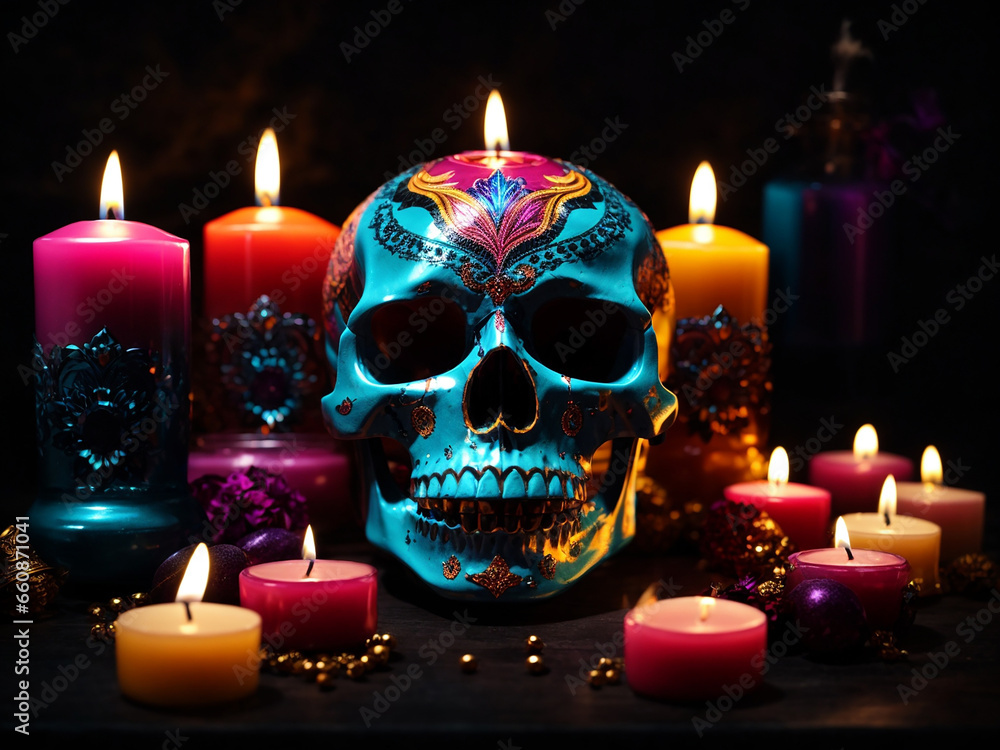 Skull and Candles on a Black Background Skull and Candles on a Black Background