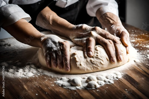 A baker's hands kneading dough on a flour-covered wooden surface.