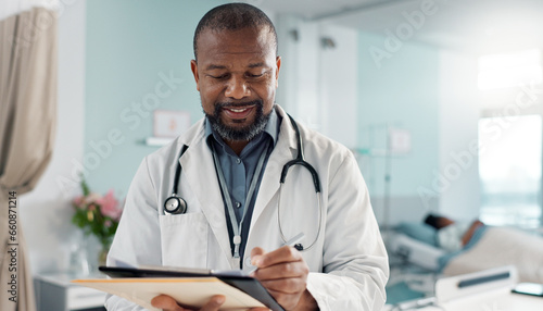 Career, black man and doctor with a tablet, connection and website information with research, digital app or network. African person, worker or medical professional with tech, healthcare or internet