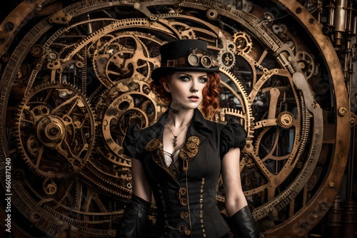 A half-body model in a steampunk-themed outfit, posed in front of an intricate, clockwork machinery backdrop.