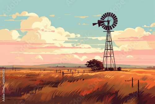 vector illustration of a view of a windmill in a meadow © Yoshimura