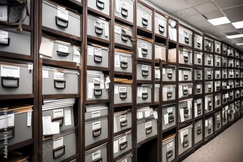 Rows of filing cabinets in an office storage room, neatly organized with labeled folders.