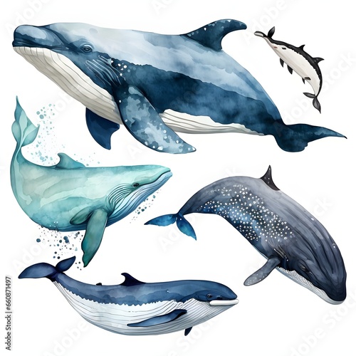 clipart hand painted watercolor whales vectors white background sharp focus highly detailed extreme detail 