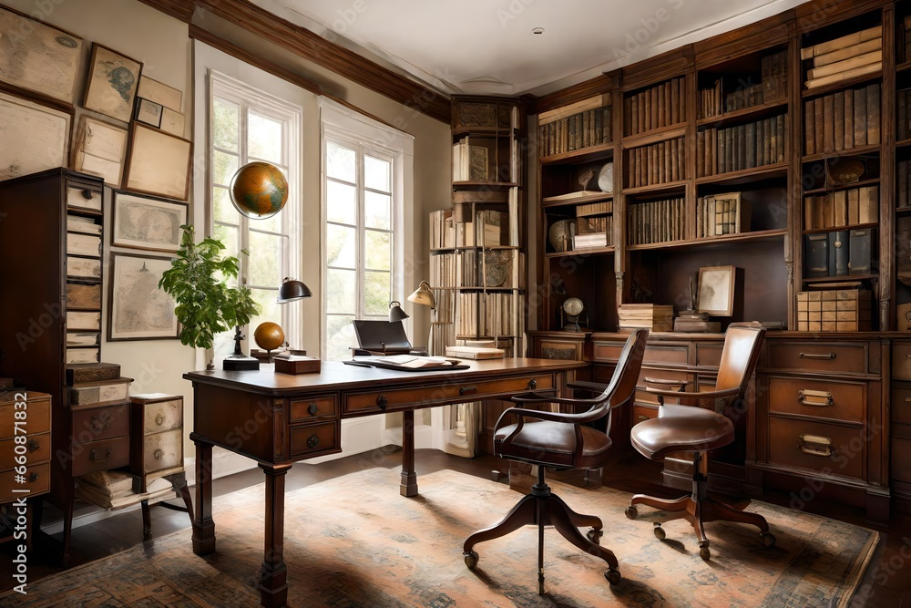 A home office with a vintage writing desk, leather chair, and antique globes as decor.