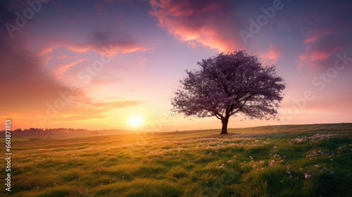 sunset over the field with blooming tree in spring