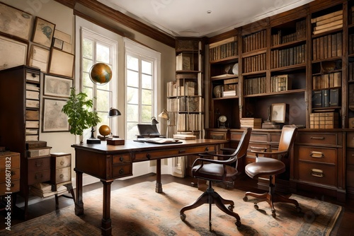 A home office with a vintage writing desk  leather chair  and antique globes as decor.