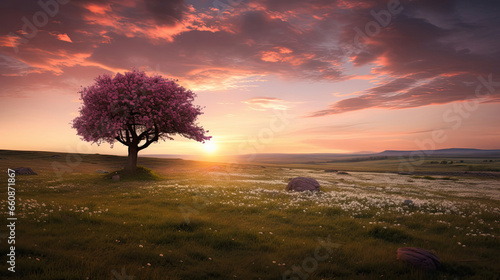 sunset over the field with blooming tree in spring