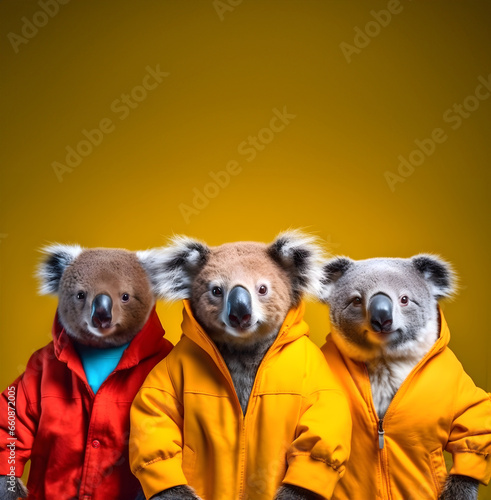 Creative animal concept. Koala bear in a group, vibrant bright fashionable outfits isolated on solid background advertisement, copy text space. birthday party invite invitation banner   © Sandra Chia