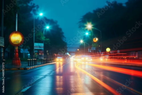 Focused street light, blurry vehicle on night road. Generative AI