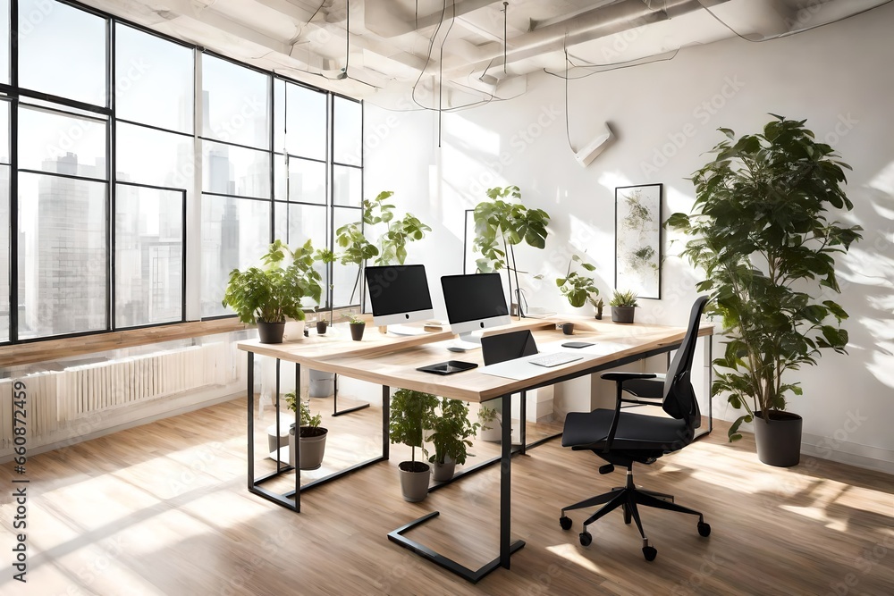 A modern office desk bathed in natural sunlight, with a sleek computer setup and potted plants. A modern office desk bathed in natural sunlight, with a sleek computer setup and potted plants.