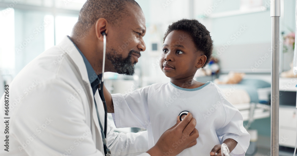 Doctor, African kid and stethoscope for breathing, check or smile for recovery from surgery, treatment or health. Child patient, medic or tools for medical exam, inspection or talk for rehabilitation Doctor, African kid and stethoscope for breathing, check or smile for recovery from surgery, treatment or health. Child patient, medic or tools for medical exam, inspection or talk for rehabilitation