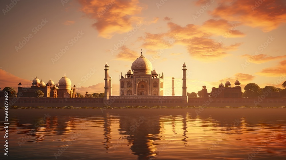 The Taj Mahal at sunrise ultra realistic illustration - Generative AI.