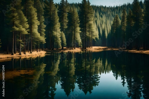 A tranquil lake surrounded by pine trees with their reflections on the water's surface.