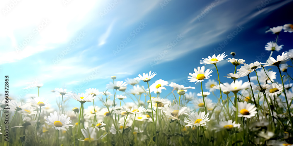 A field of white daisies in summer sunlight with blue sky.