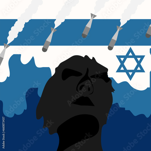 Silhouette person on Israel flag background under bombs atack. Palestine vs Israel concept. War in Gaza. Vector illustration.
