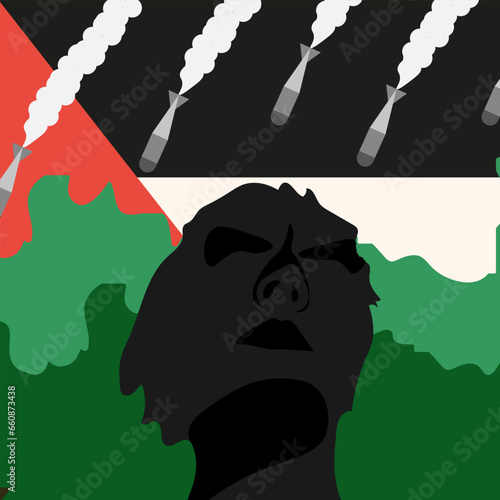 Silhouette person on Palestine flag background under bombs atack. Palestine vs Israel concept. War in Gaza. Vector illustration.