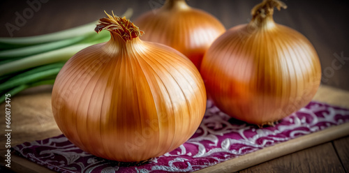 Several Onions On A Cutting Board.