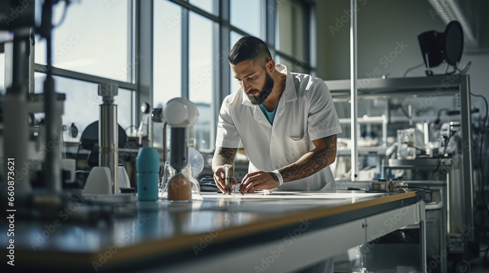 Medical technology: Portrait of a young prosthetic technician holding a prosthetic part and checking the quality of the prosthetic leg and making adjustments while working in a modern laboratory.