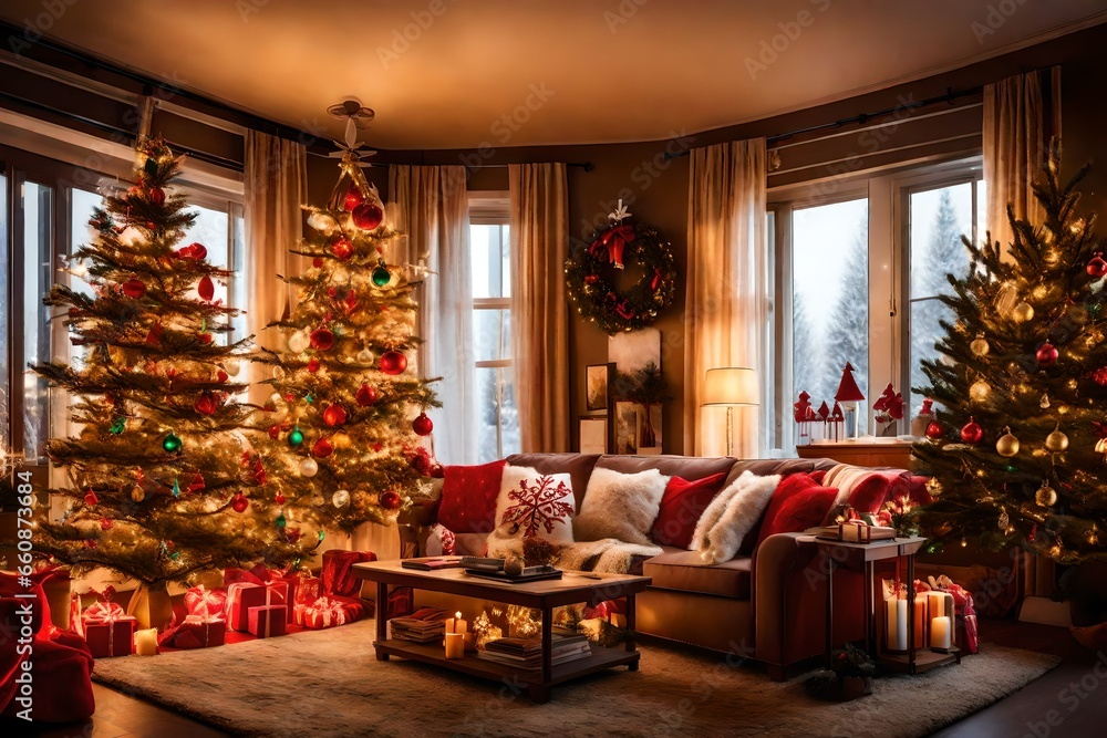 A cozy living room adorned with Christmas lights and ornaments