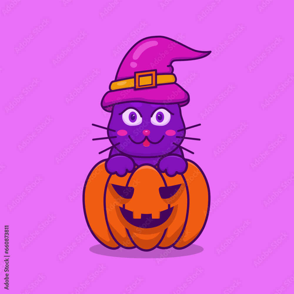 vector illustration of Cat Celebrating Halloween in a scary pumpkin vector illustration of Cat Celebrating Halloween in a scary pumpkin