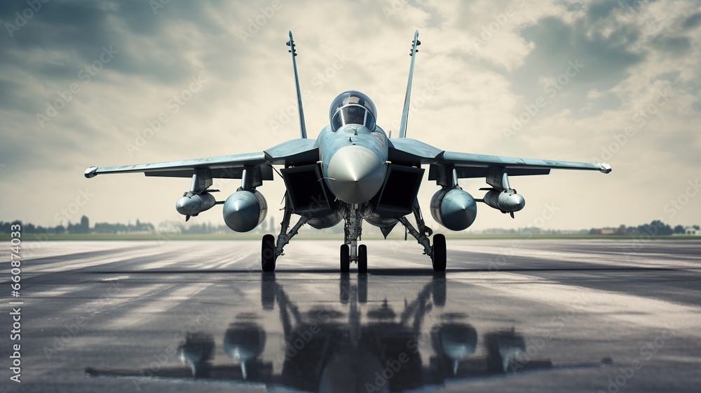military fighter jet aircraft parked at airforce airport - obrazy, fototapety, plakaty 