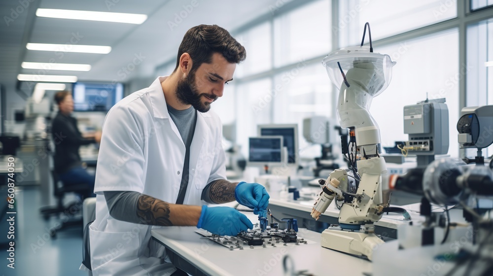 Medical technology: Portrait of a young prosthetic technician holding a prosthetic part and checking the quality of the prosthetic leg and making adjustments while working in a modern laboratory. Medical technology: Portrait of a young prosthetic technician holding a prosthetic part and checking the quality of the prosthetic leg and making adjustments while working in a modern laboratory.