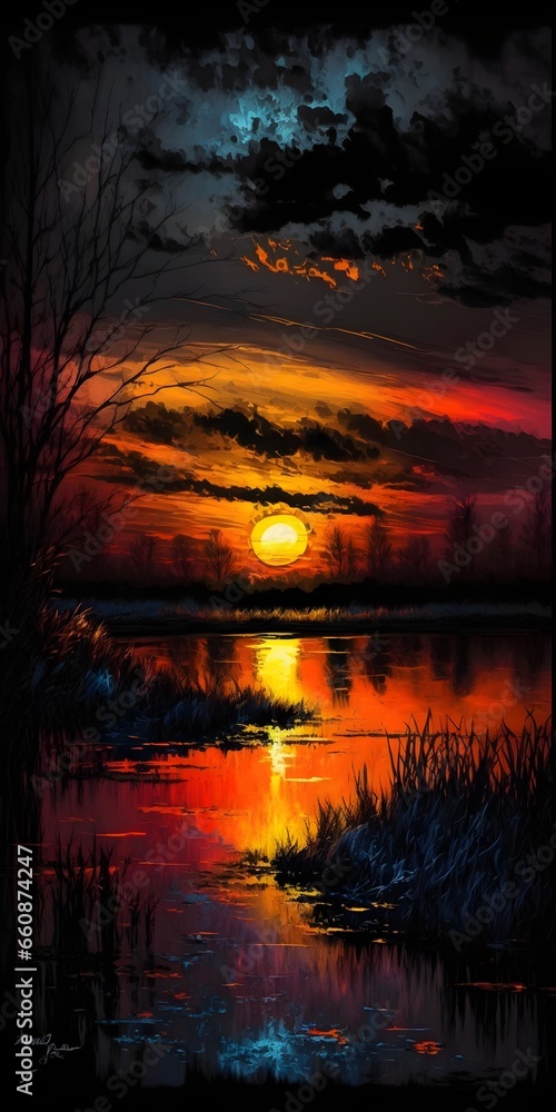 Dark sunset landscape autumn swamp painting by Picasso in astrolabe colors 