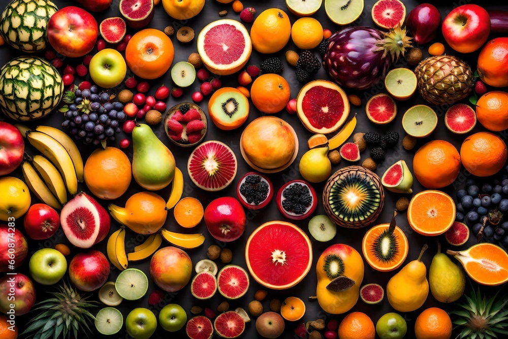 A collection of various exotic fruits arranged in an artful display. A collection of various exotic fruits arranged in an artful display.