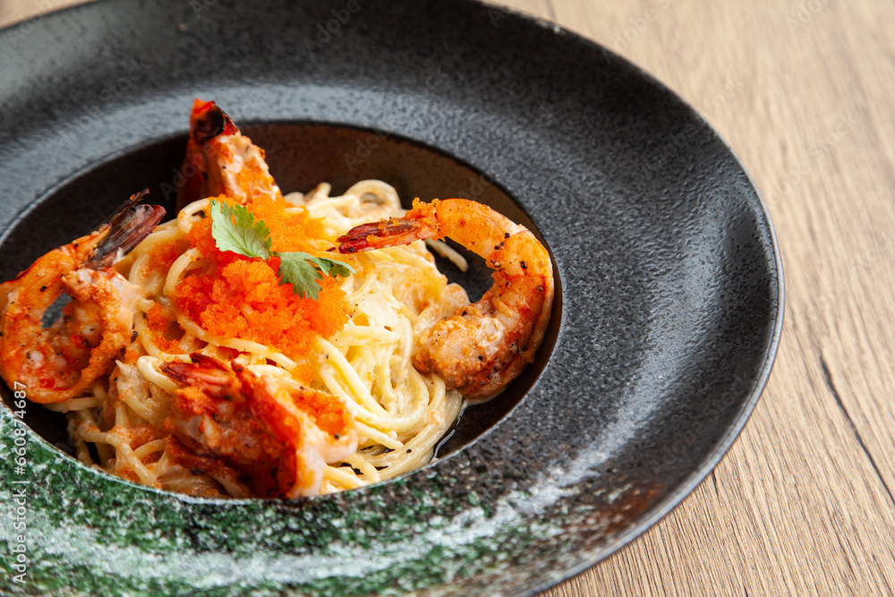 Spaghetti with grilled shrimp, ebiko, and cream sauce Spaghetti with grilled shrimp, ebiko, and cream sauce